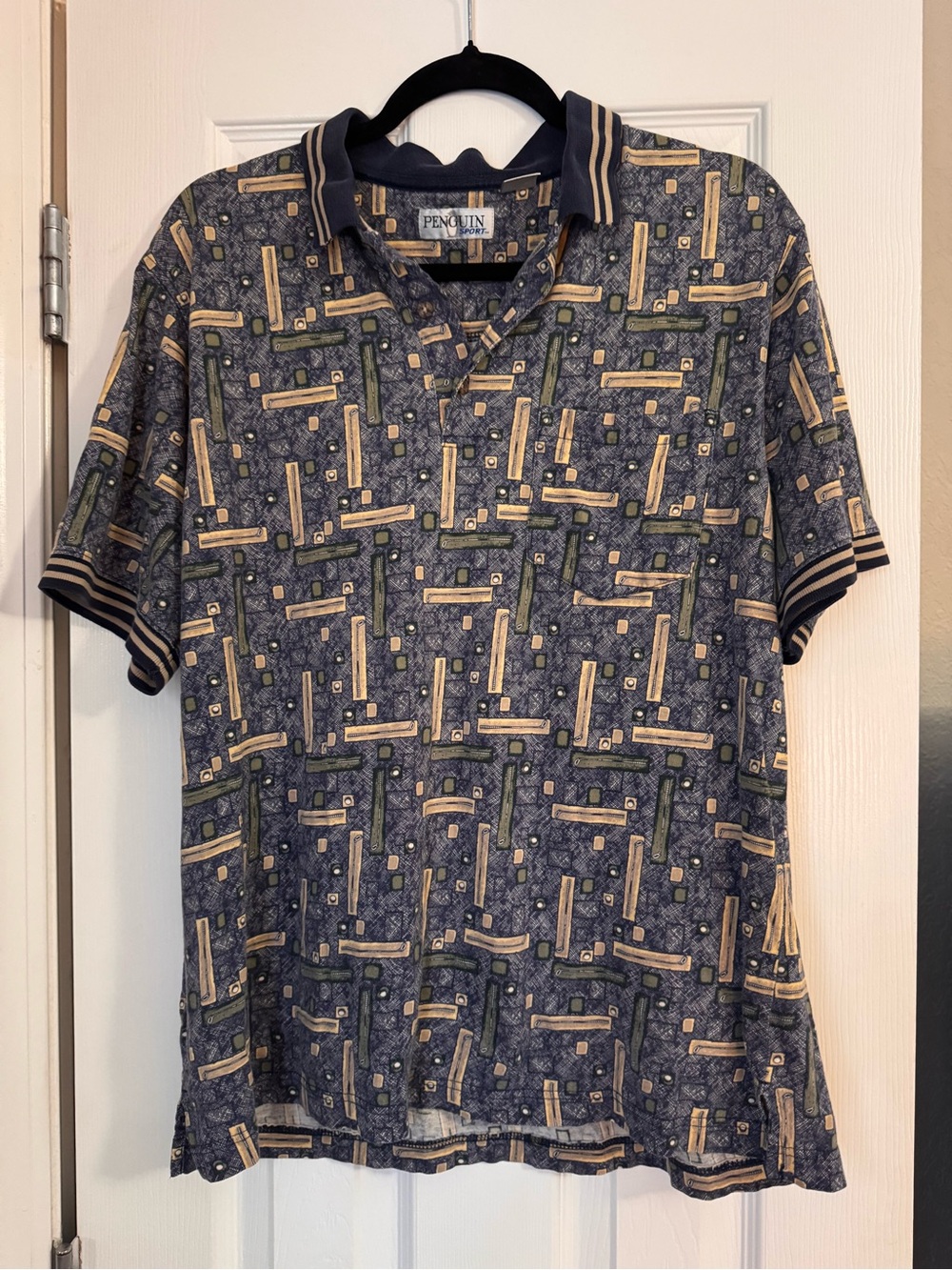 Original Penguin Patterned Short Sleeve Geometric Polo Shirt - Navy/Beige